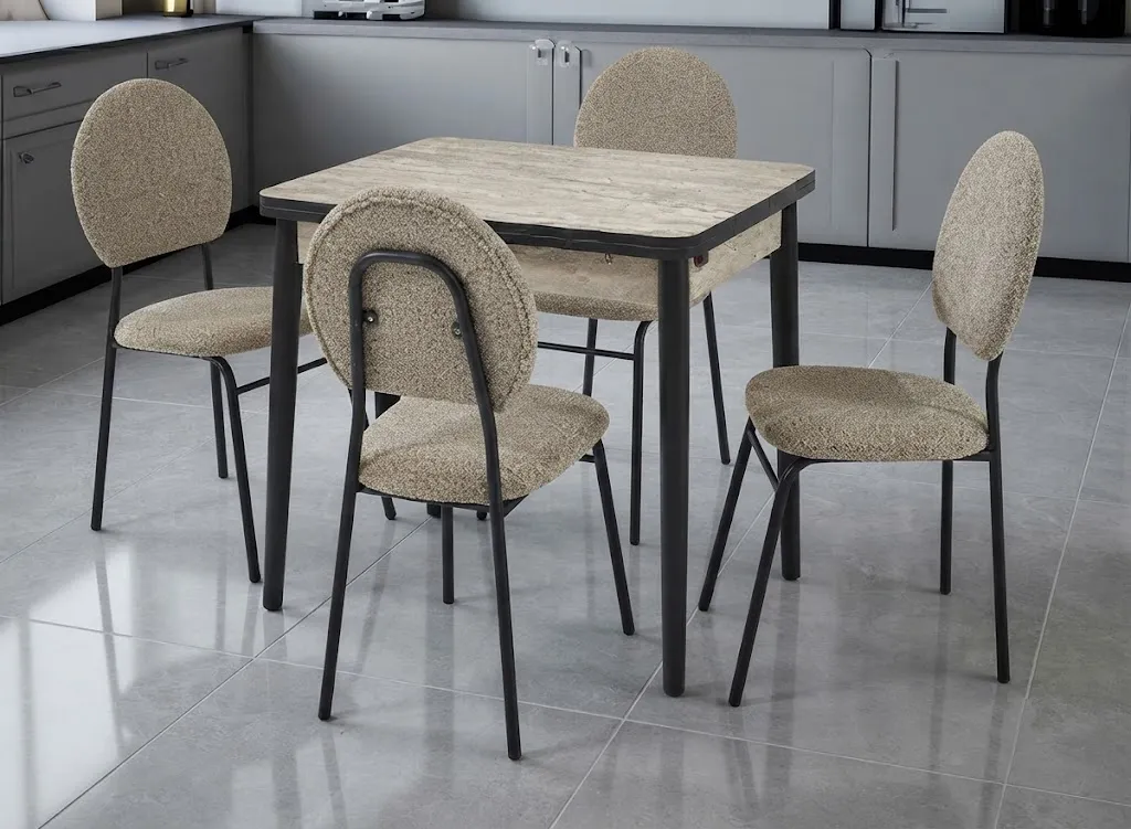 Sihirli Traverten Masa İkon Metal Siyah Sandalye