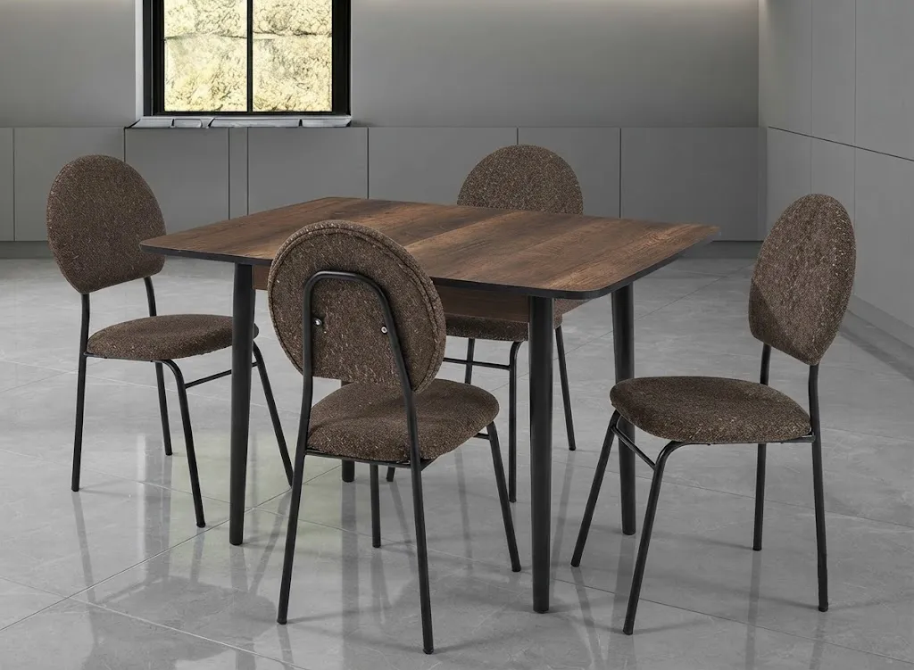 Sihirli Ceviz Ahşap Masa İkon Metal Siyah Sandalye 